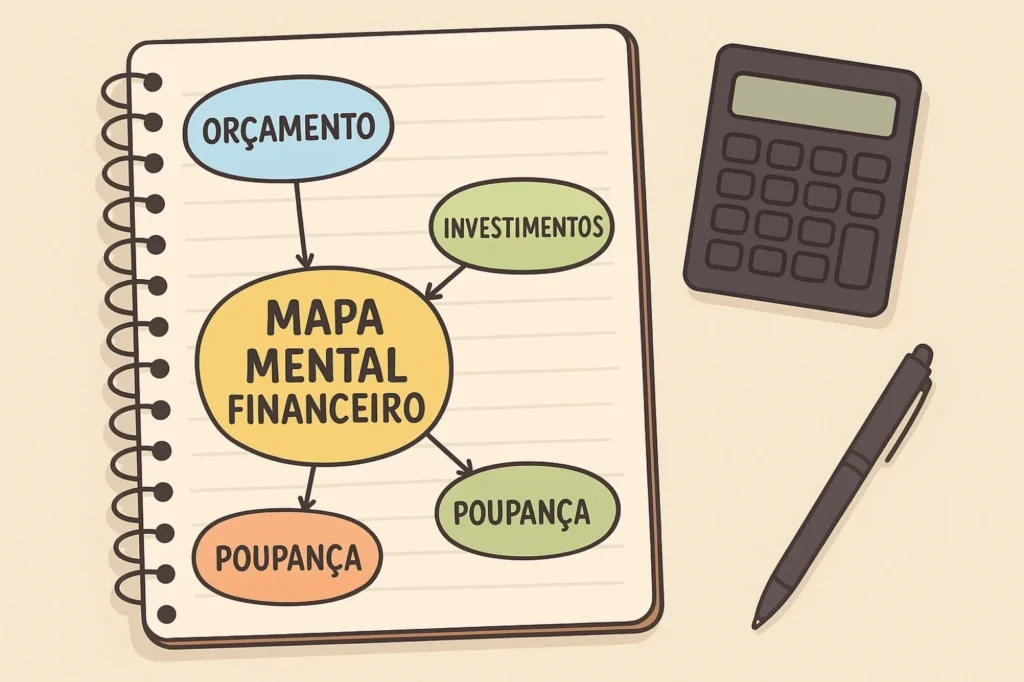 Ilustração em português de um caderno de finanças e projetos, mostrando anotações de planejamento financeiro, metas, controle de gastos e objetivos. A imagem representa a importância de registrar ideias e planos financeiros para manter o equilíbrio e alcançar estabilidade econômica.